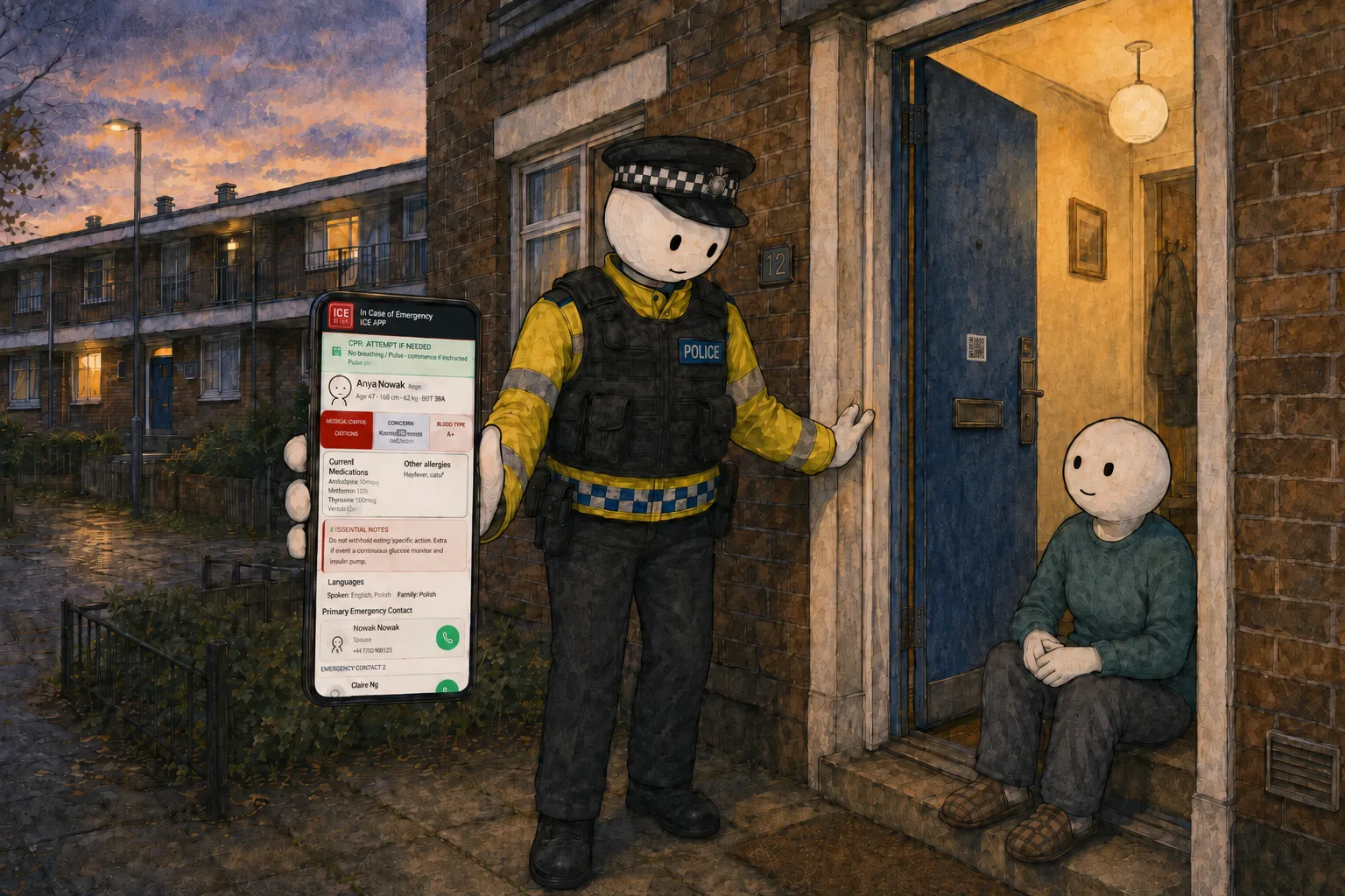 A police officer standing at an open front door viewing a person's ICE Jar record on a phone, showing medical details and emergency contacts, while the resident sits calmly on the doorstep
